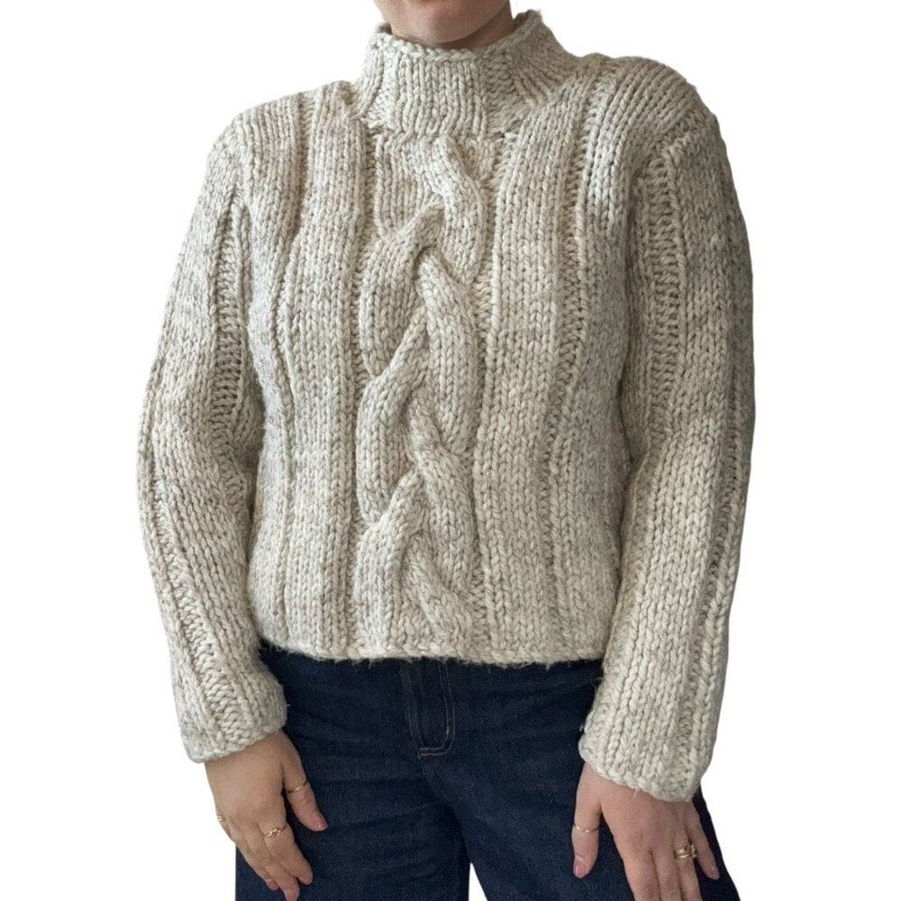 Hand Knit Womens Chunky Wool White Cable Knit Oversized Fisherman Sweater Sz M